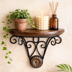 2 / $40 Wood & Wrought Iron Half Moon Wall Shelf | Rustic Tuscan Decor